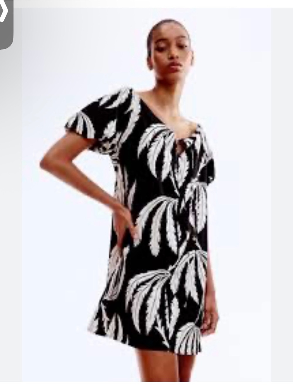 H&M Black Mini Dress with White Leaf Print large